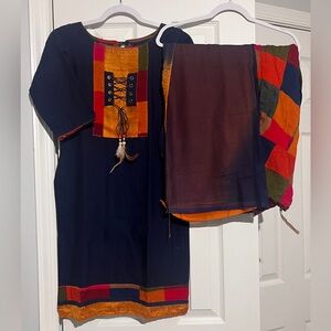 Navy Blue 3-Piece Suit Set (Kurti, Pants, Dupatta)